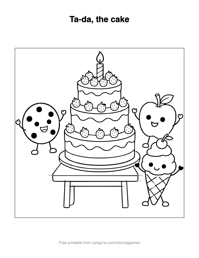 Ta-da, the cake — free printable food coloring page