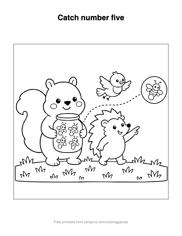 Catch number five — free printable numbers coloring page