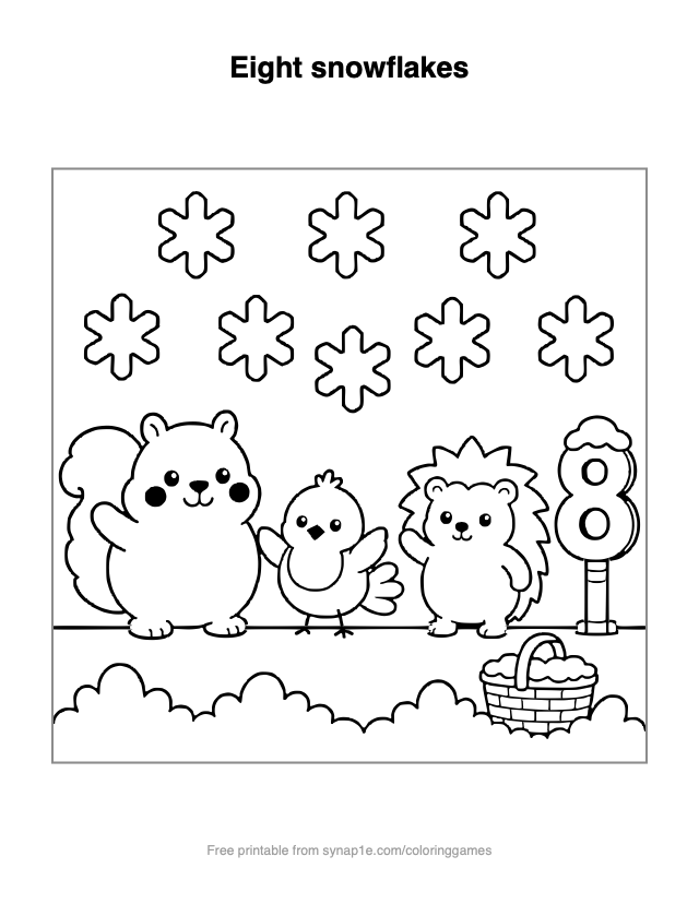Eight snowflakes — free printable numbers coloring page