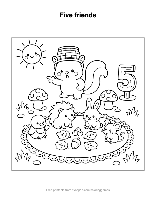 Five friends — free printable numbers coloring page