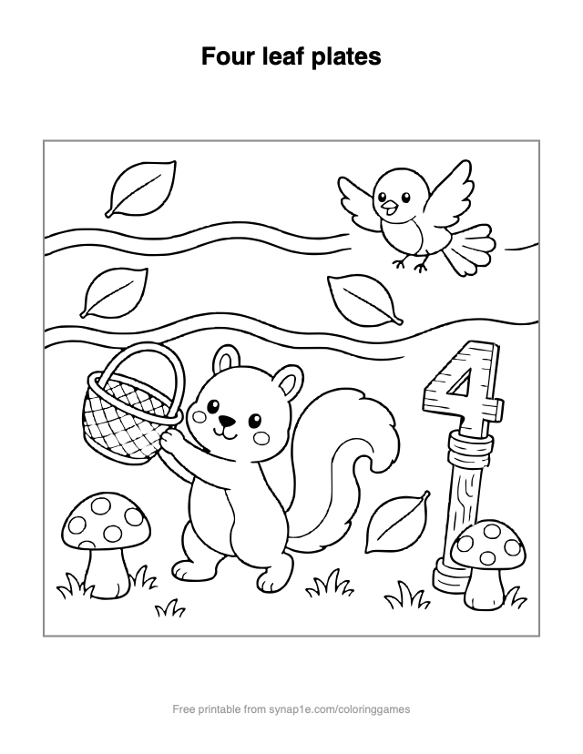 Four leaf plates — free printable numbers coloring page