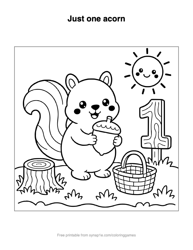 Numbers coloring page: Just one acorn