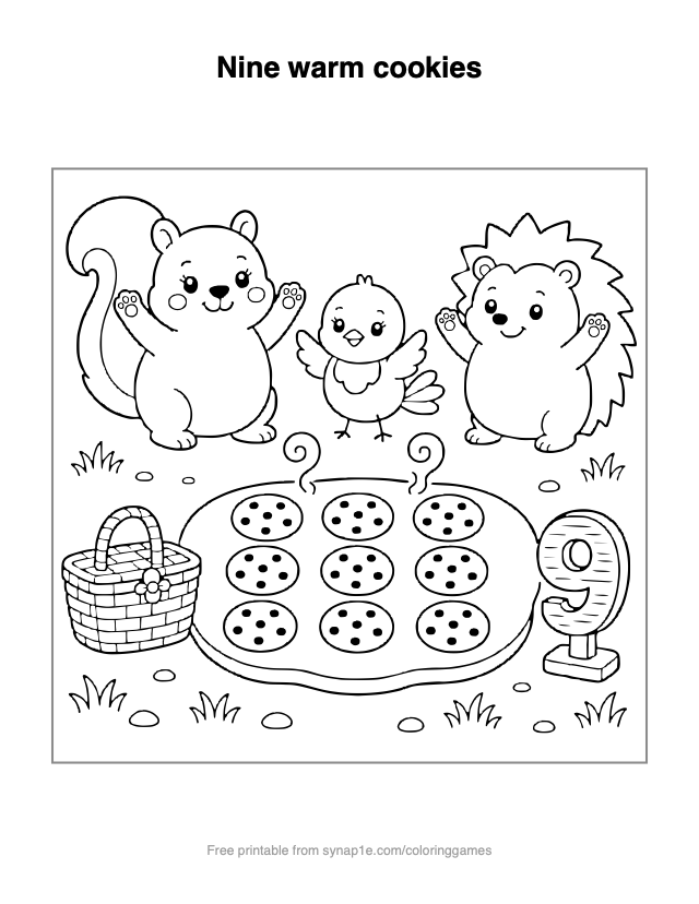 Nine warm cookies — free printable numbers coloring page