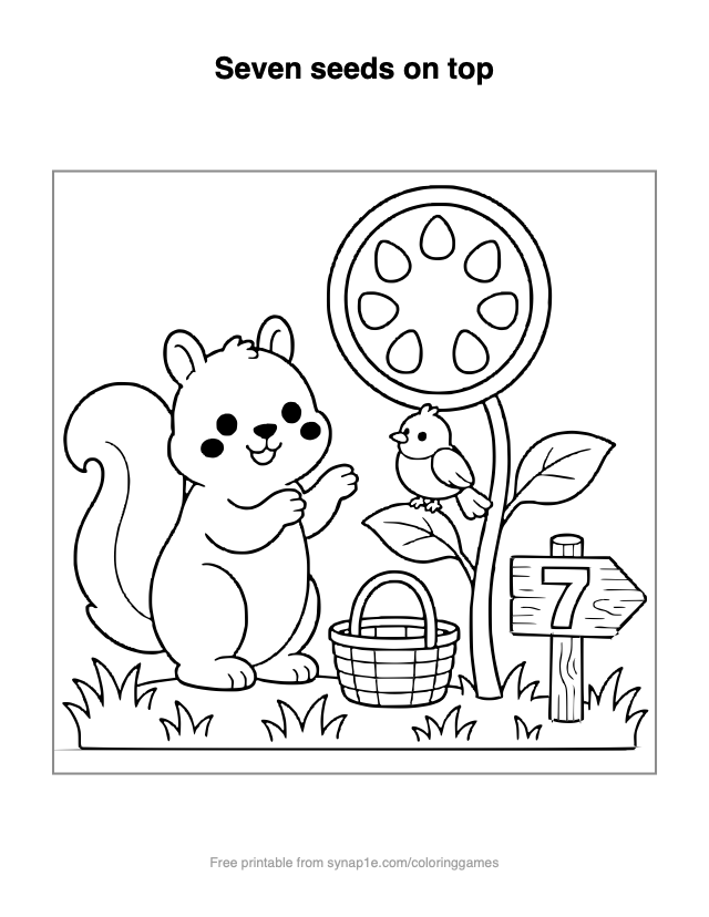 Seven seeds on top — free printable numbers coloring page