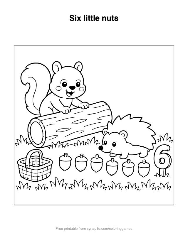 Six little nuts — free printable numbers coloring page