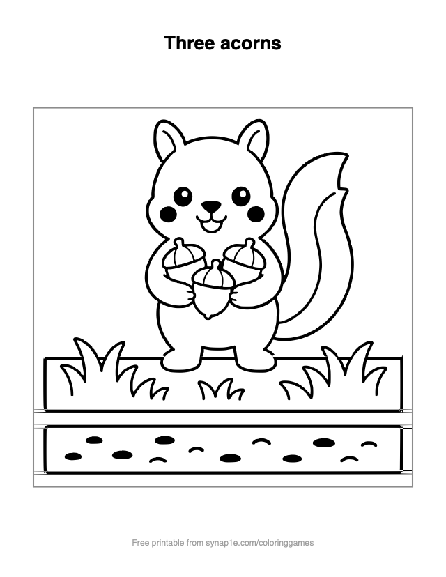 Three acorns — free printable numbers coloring page