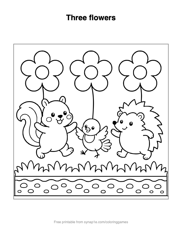 Three flowers — free printable numbers coloring page