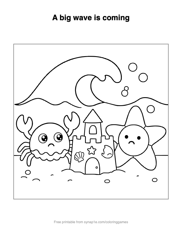 A big wave is coming — free printable ocean coloring page