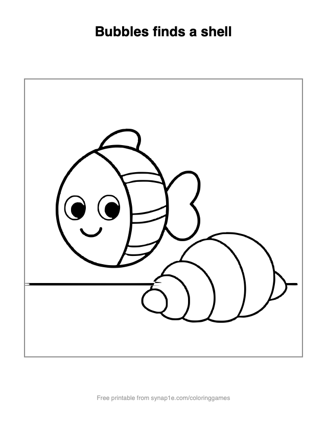 Bubbles finds a shell — free printable ocean coloring page