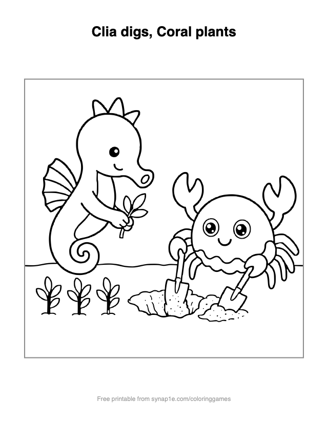 Clia digs, Coral plants — free printable ocean coloring page