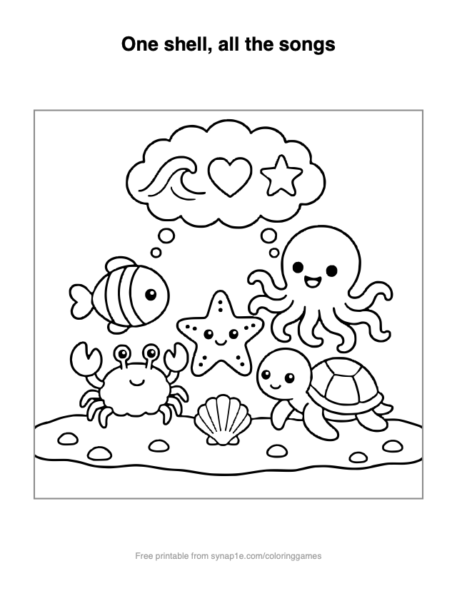 One shell, all the songs — free printable ocean coloring page