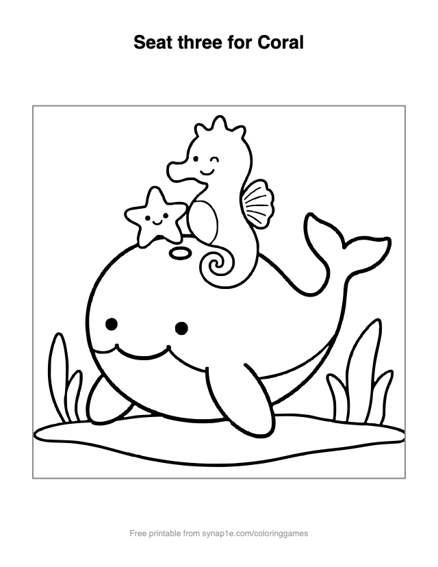 Seat three for Coral — free printable ocean coloring page