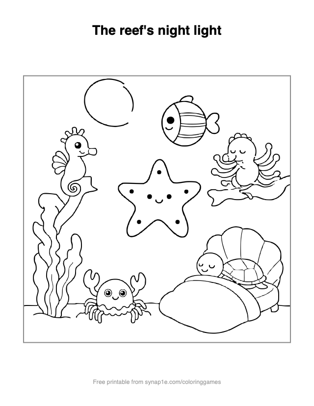 The reef's night light — free printable ocean coloring page