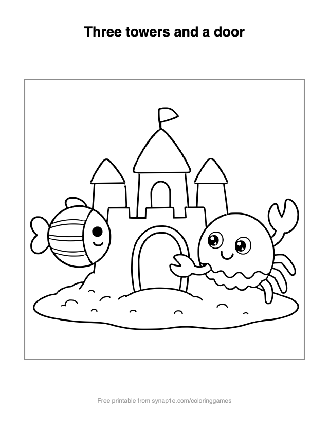 Three towers and a door — free printable ocean coloring page