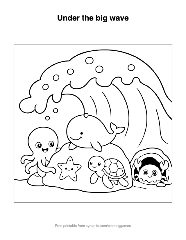 Under the big wave — free printable ocean coloring page