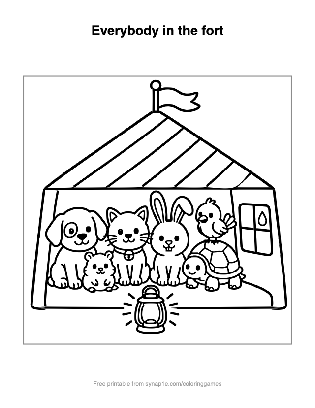 Everybody in the fort — free printable pets coloring page
