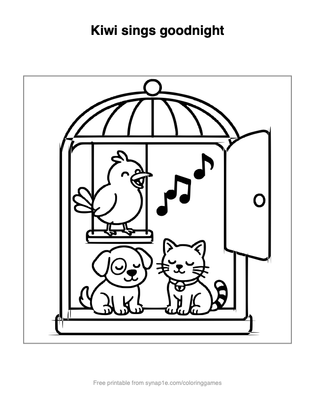 Kiwi sings goodnight — free printable pets coloring page