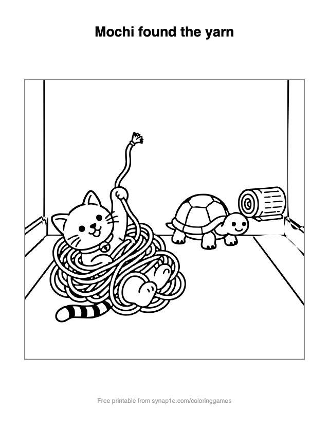 Mochi found the yarn — free printable pets coloring page