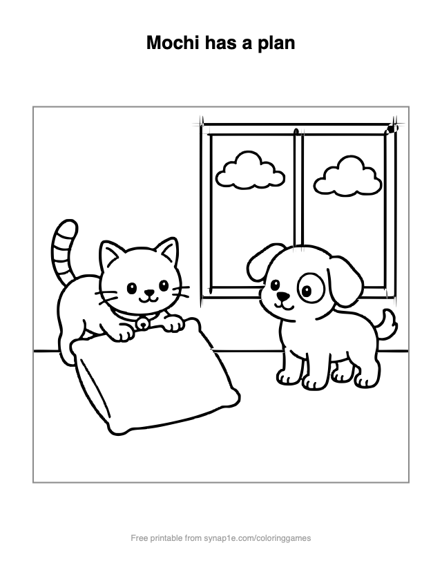 Mochi has a plan — free printable pets coloring page