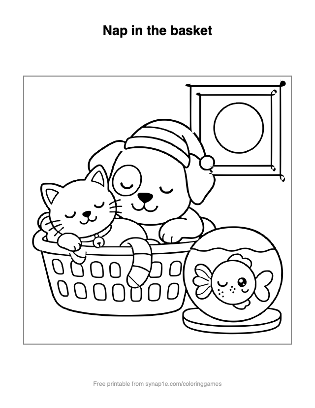 Nap in the basket — free printable pets coloring page