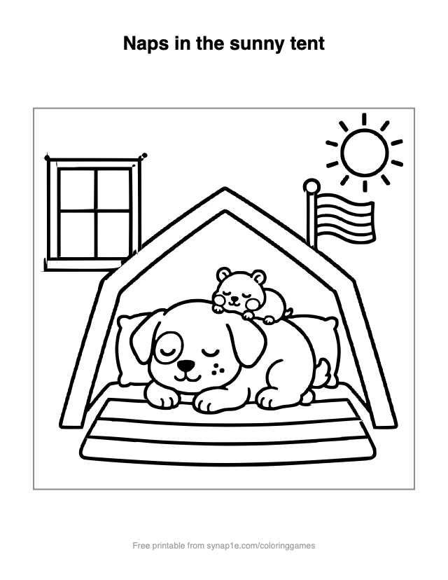 Naps in the sunny tent — free printable pets coloring page