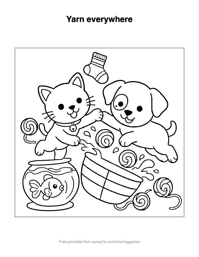 Yarn everywhere — free printable pets coloring page
