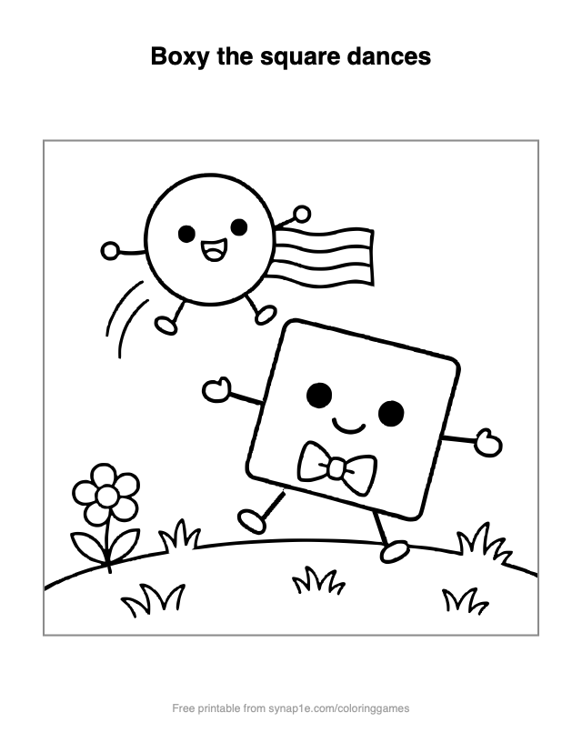Boxy the square dances — free printable shapes coloring page