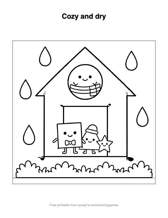 Cozy and dry — free printable shapes coloring page
