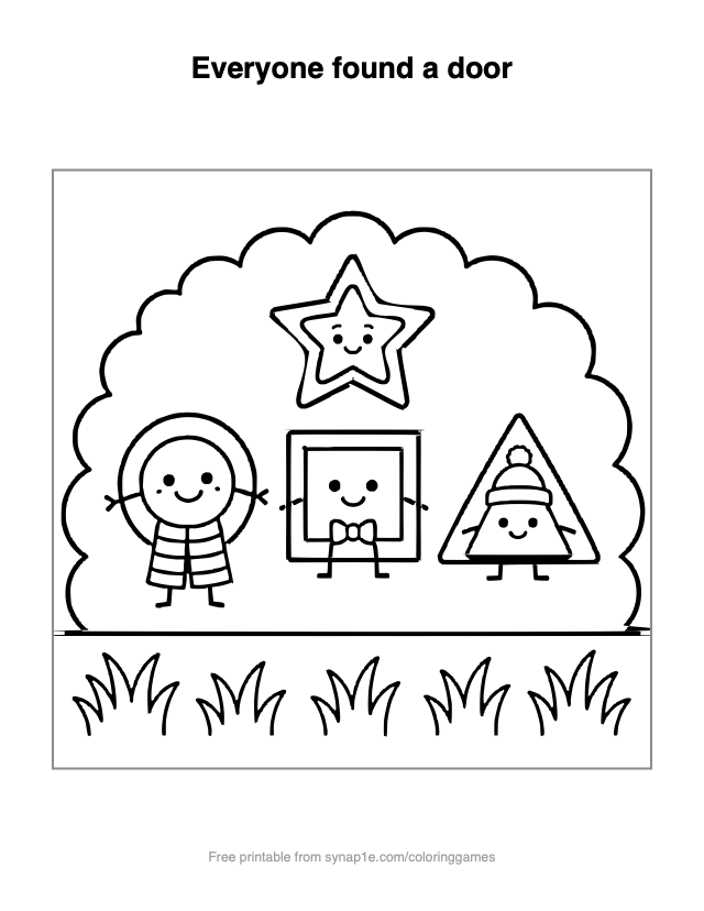 Everyone found a door — free printable shapes coloring page