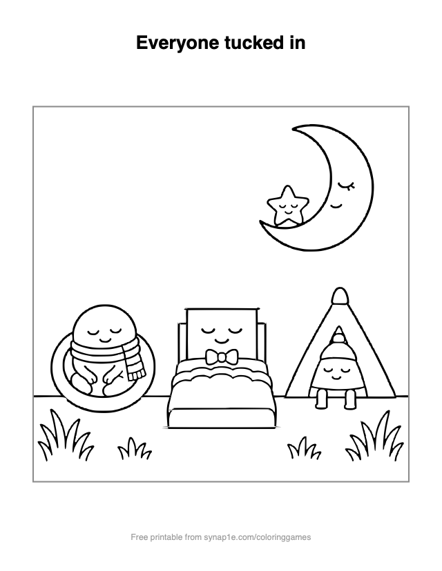 Everyone tucked in — free printable shapes coloring page