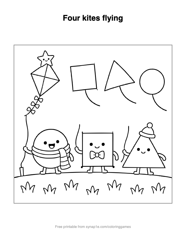 Four kites flying — free printable shapes coloring page