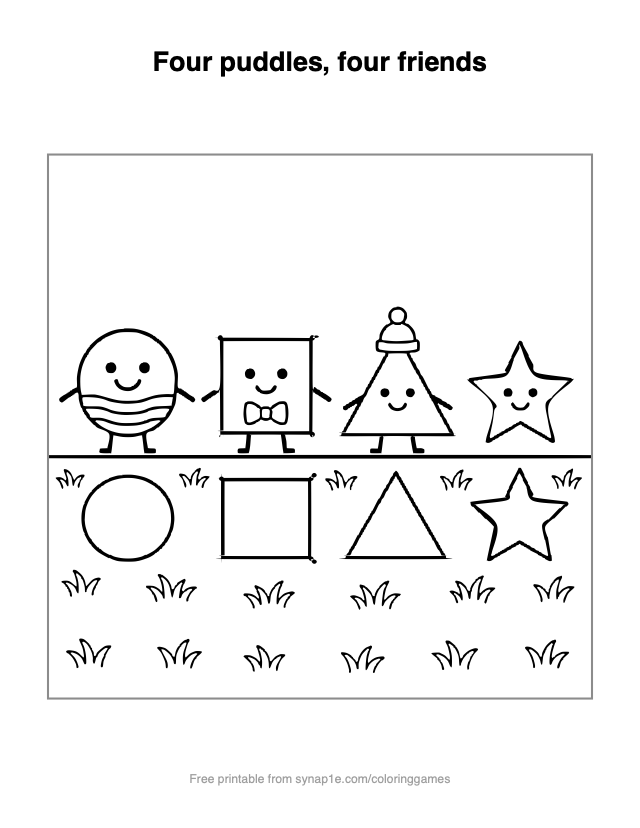 Four puddles, four friends — free printable shapes coloring page