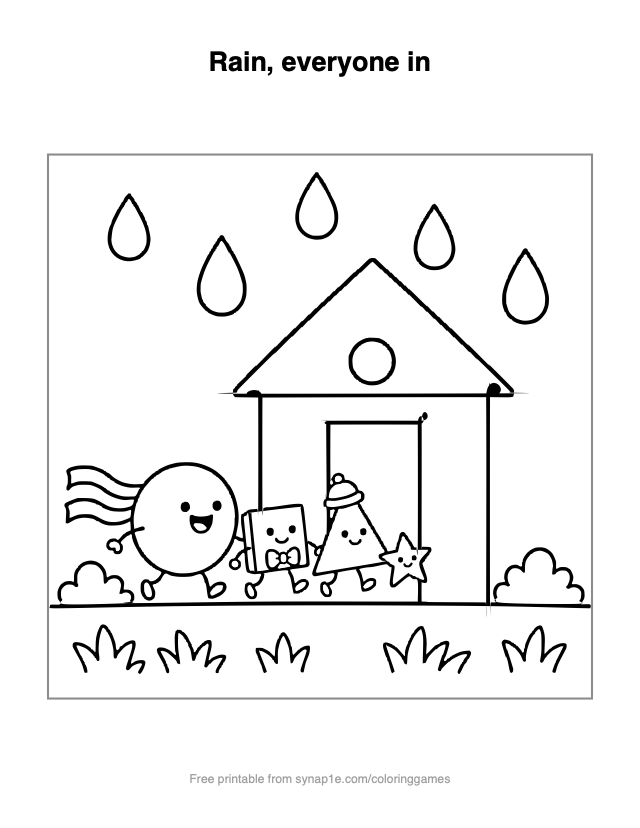 Rain, everyone in — free printable shapes coloring page
