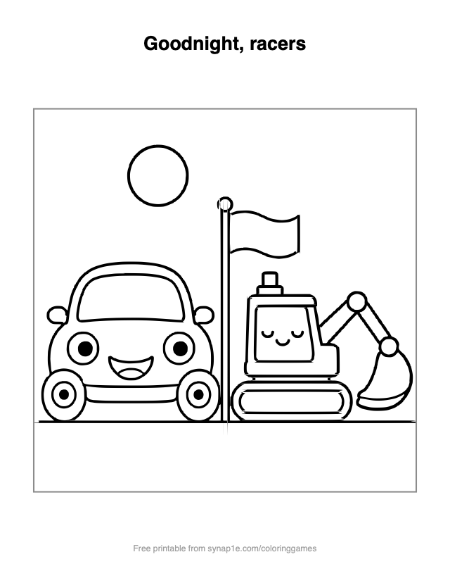 Goodnight, racers — free printable vehicles coloring page
