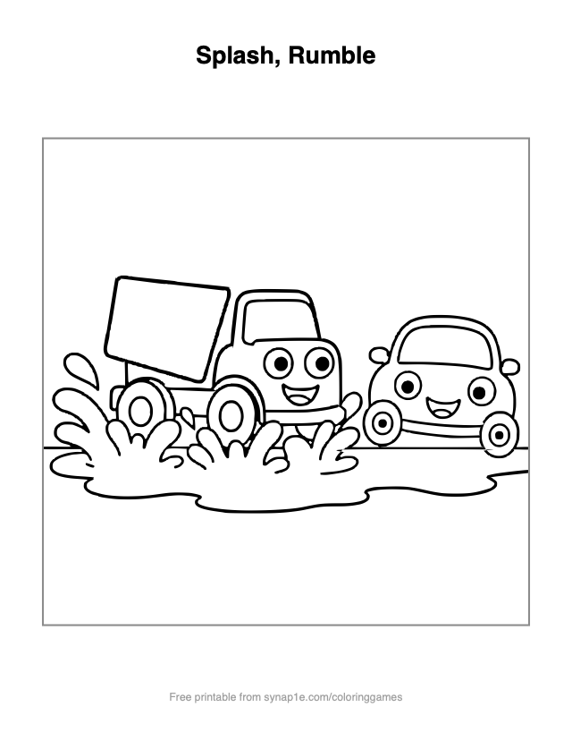 Splash, Rumble — free printable vehicles coloring page