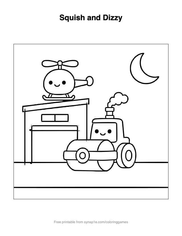 Squish and Dizzy — free printable vehicles coloring page