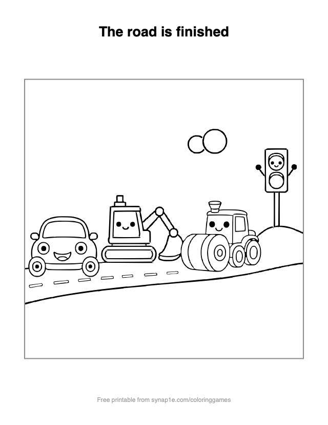 The road is finished — free printable vehicles coloring page