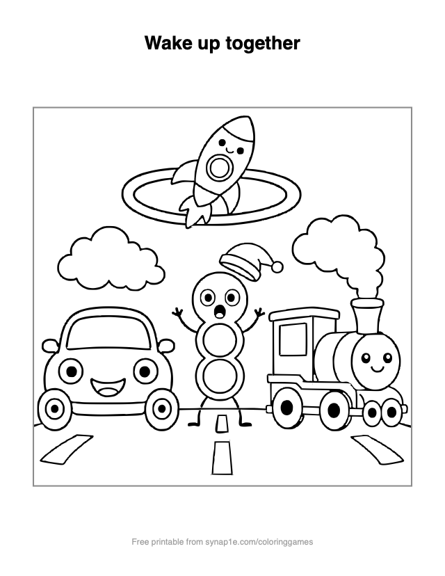 Wake up together — free printable vehicles coloring page
